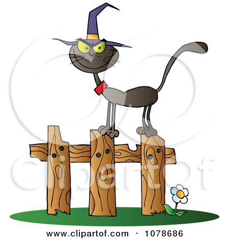 Clipart Halloween Witch Cat On A Fence - Royalty Free Vector Illustration by Hit Toon
