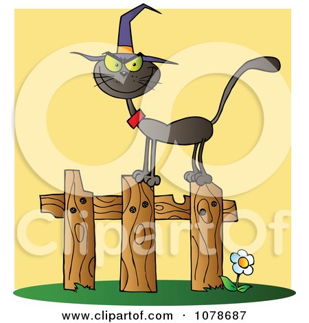 Clipart Halloween Witch Cat On A Fence Over Yellow - Royalty Free Vector Illustration by Hit Toon
