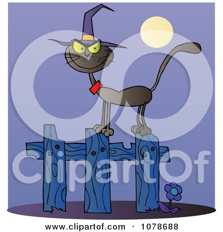Clipart Halloween Witch Cat On A Fence Over Purple - Royalty Free Vector Illustration by Hit Toon
