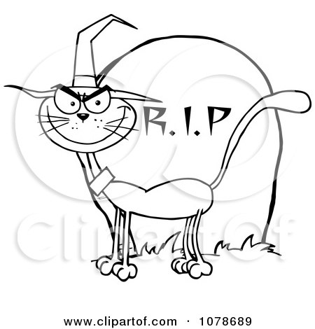 Clipart Outlined Halloween Witch Cat By A Tombstone - Royalty Free Vector Illustration by Hit Toon