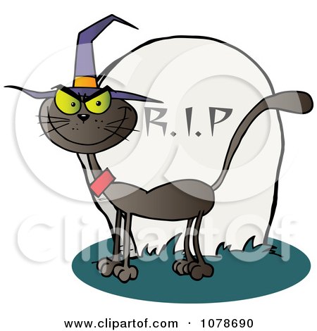 Clipart Halloween Witch Cat By A Tombstone - Royalty Free Vector Illustration by Hit Toon