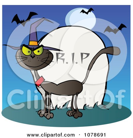 Clipart Halloween Witch Cat By A Tombstone On Blue - Royalty Free Vector Illustration by Hit Toon