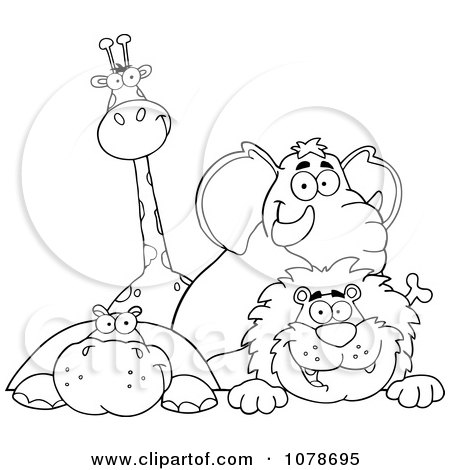 Clipart Happy Outlined Giraffe Elephant Hippo And Lion - Royalty Free Vector Illustration by Hit Toon