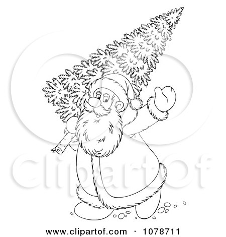 Clipart Outlined Santa Carrying A Christmas Tree - Royalty Free Illustration by Alex Bannykh