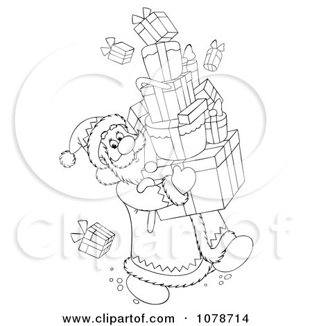 Clipart Outlined Santa Carrying Gift Boxes - Royalty Free Illustration by Alex Bannykh