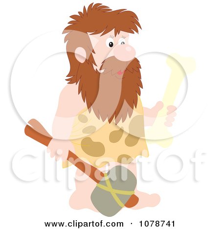 Clipart Caveman Carrying A Bone And Hammer - Royalty Free Vector Illustration by Alex Bannykh