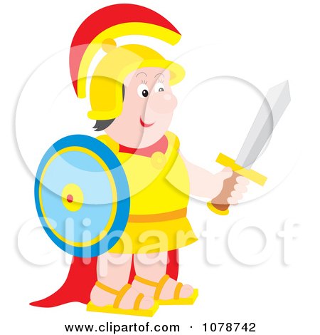 Clipart Soldier Holding A Shield And Sword - Royalty Free Vector Illustration by Alex Bannykh