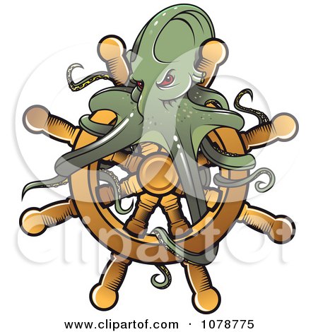 Clipart Green Octopus On A Ship Steering Wheel Helm - Royalty Free Vector Illustration by Vector Tradition SM