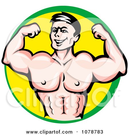 Clipart Muscular Bodybuilding Flexing His Upper Body Over Yellow And Green - Royalty Free Vector Illustration by Vector Tradition SM