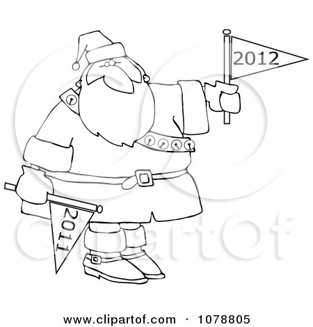 Clipart Outlined Santa Holding 2011 And 2012 New Year Flags - Royalty Free Vector Illustration by djart