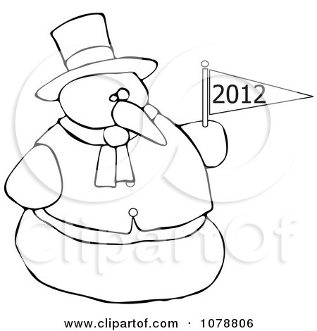 Clipart Outlined Snowman Holding A New Year 2012 Flag - Royalty Free Vector Illustration by djart