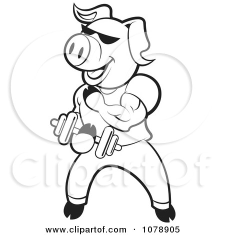 Clipart Outlined Bodybuilder Pig Lifting Weights - Royalty Free Vector Illustration by Lal Perera