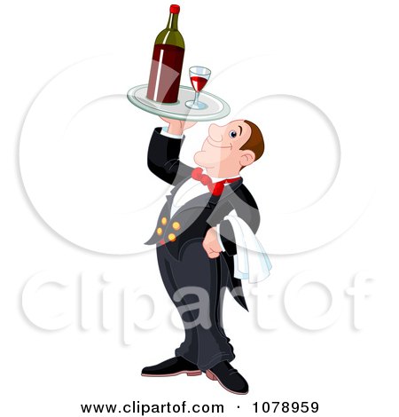 Clipart Butler Holding Up A Tray With Red Wine - Royalty Free Vector Illustration by Pushkin