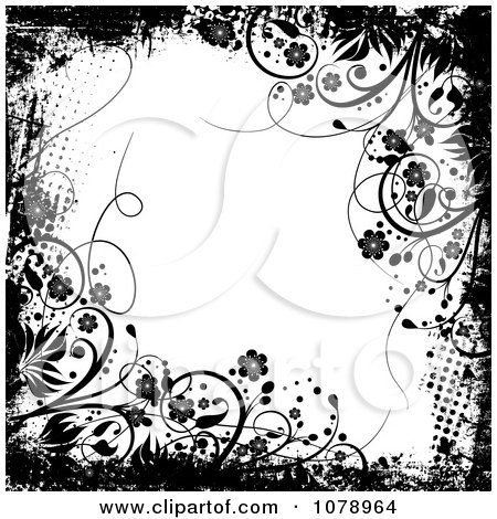 Clipart Grungy Black And White Floral Background With Flowers And Dots - Royalty Free Vector Illustration by KJ Pargeter