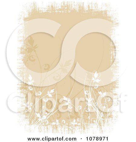 Clipart Grungy Beige Floral Background With White Foliage And Borders 2 - Royalty Free Vector Illustration by KJ Pargeter