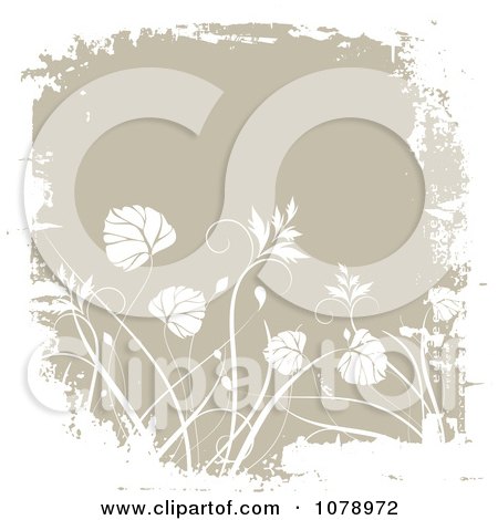 Clipart Grungy Beige Floral Background With White Foliage And Borders 1 - Royalty Free Vector Illustration by KJ Pargeter