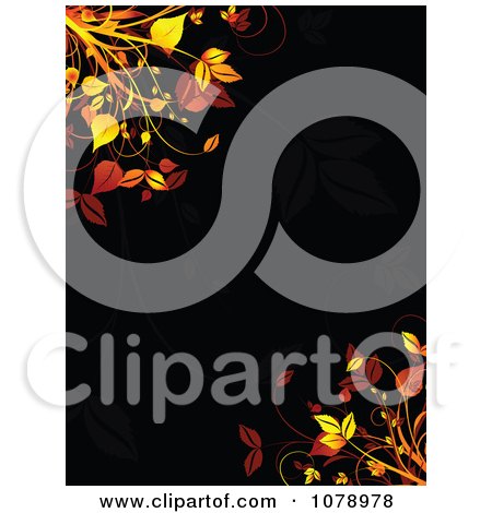 Clipart Black Floral Background With Orange Foliage - Royalty Free Vector Illustration by KJ Pargeter