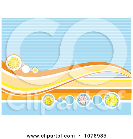 Clipart Blue Background With Orange Waves And Flower Circles - Royalty Free Vector Illustration by KJ Pargeter