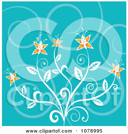Clipart Turquoise Swirl Background With Orange Flowers - Royalty Free Vector Illustration by KJ Pargeter