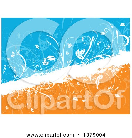 Clipart Split Blue And Orange Floral Grunge Background With White Diagonal Foliage - Royalty Free Vector Illustration by KJ Pargeter
