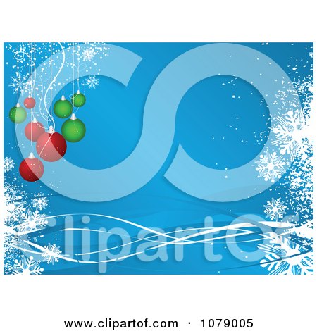 Clipart Blue Christmas Background With Red And Green Baubles Snowflakes And Copyspace - Royalty Free Vector Illustration by KJ Pargeter