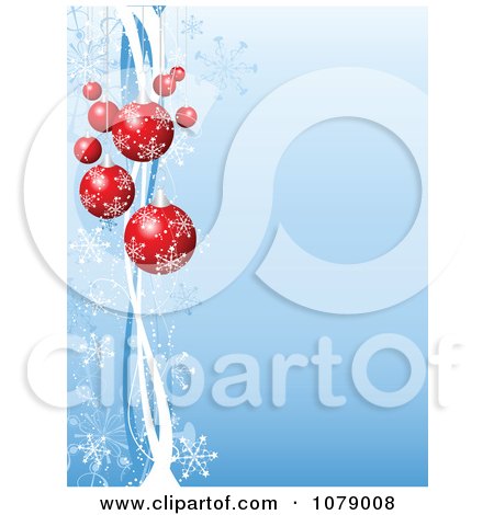 Clipart Blue Christmas Background With Red Baubles Snowflakes And Copyspace - Royalty Free Vector Illustration by KJ Pargeter