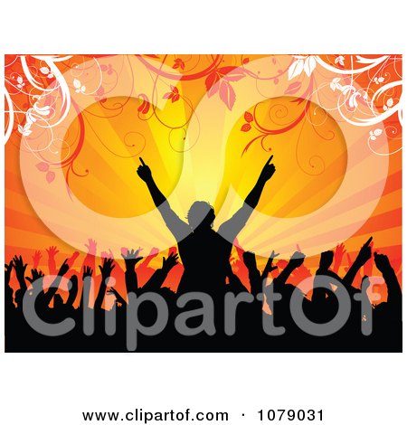 Clipart Silhouetted Concert Crowd Cheering Against Orange Rays And Foliage - Royalty Free Vector Illustration by KJ Pargeter