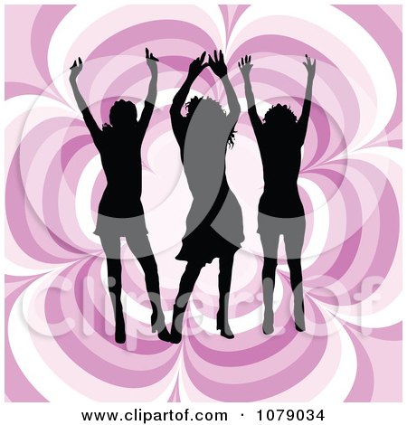 Clipart Three Silhouetted Women Dancing Over A Pink Floral Pattern - Royalty Free Vector Illustration by KJ Pargeter