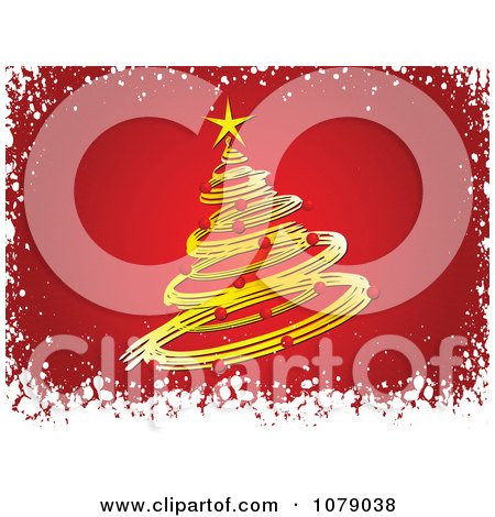 Clipart Golden Christmas Tree On Red With White Snow Grunge Borders - Royalty Free Vector Illustration by KJ Pargeter