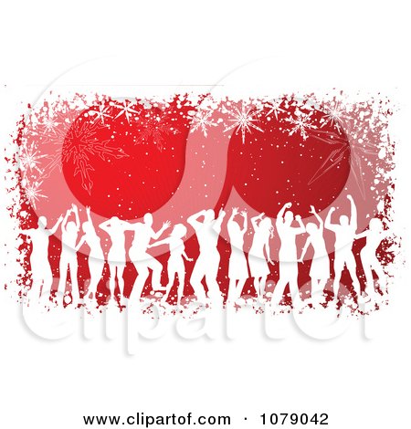 Clipart White Silhouetted Dancers Over Red With A Grungy Snowflake Border - Royalty Free Vector Illustration by KJ Pargeter