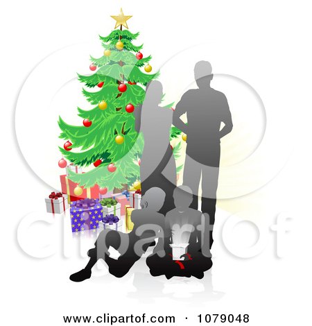 Clipart Silhouetted Family Opening Christmas Gifts By A Tree - Royalty Free Vector Illustration by AtStockIllustration