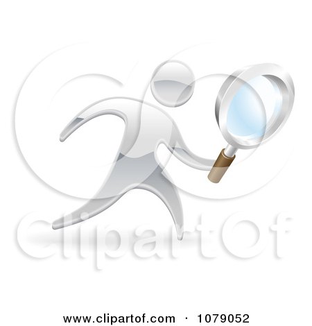 Clipart 3d Silver Person Searching With A Magnifying Glass - Royalty Free Vector Illustration by AtStockIllustration