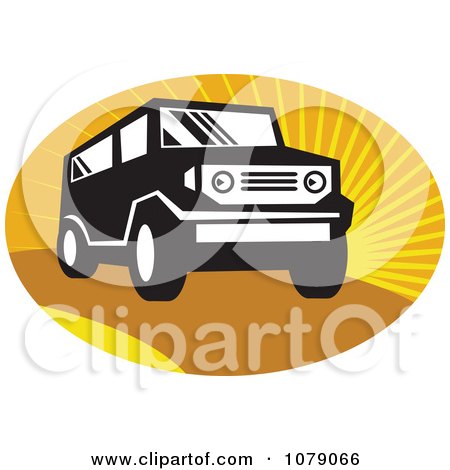 Clipart Black And White SUV Over Orange Rays - Royalty Free Vector Illustration by patrimonio