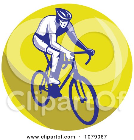 Clipart Blue Cyclist On A Yellow Circle Logo - Royalty Free Vector Illustration by patrimonio