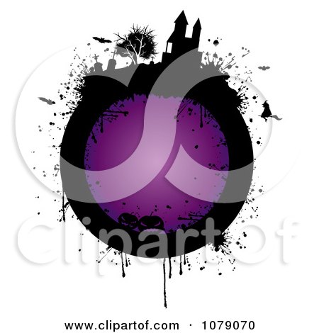 Clipart Grungy Purple Halloween Circle With A Haunted Castle Jackolanterns Witch And Bats - Royalty Free Vector Illustration  by MilsiArt
