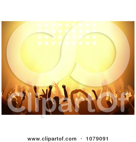 Clipart Silhouetted Concert Audience Holding Their Arms Up Under Orange Lighting - Royalty Free Vector Illustration by dero