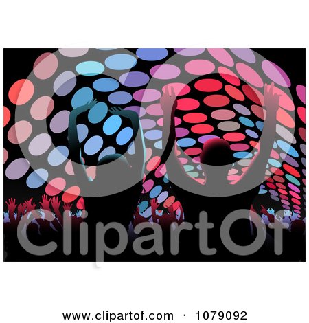 Clipart Silhouetted Crowd Dancing Under Circular Lights - Royalty Free Vector Illustration by dero