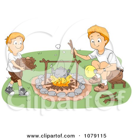 Clipart Boy Gathering Firewood And His Dad Boiling Water On A Fire At Camp - Royalty Free Vector Illustration by BNP Design Studio