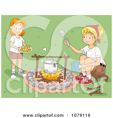 Clipart Camp Leader And Girl Cooking Over A Camp Fire - Royalty Free Vector Illustration by BNP Design Studio