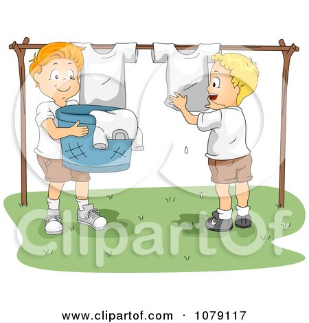 Clipart Summer Camp Boys Hanging Laundry Up To Dry - Royalty Free Vector Illustration by BNP Design Studio