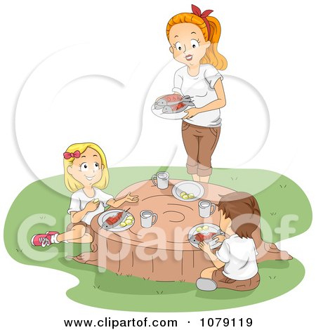 Clipart Camp Counselor And Children Eating On A Tree Stump - Royalty Free Vector Illustration by BNP Design Studio