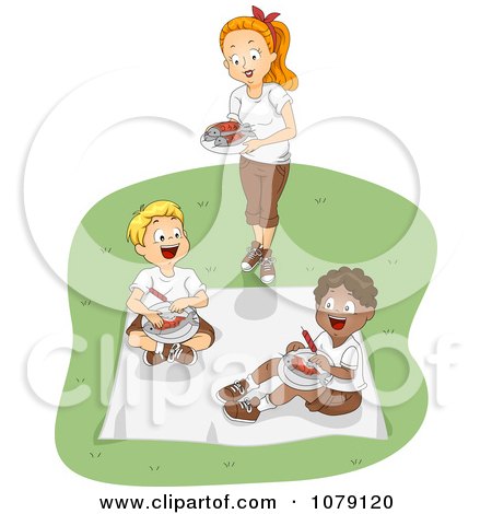 Clipart Camp Counselor Serving Food To Boys - Royalty Free Vector Illustration by BNP Design Studio