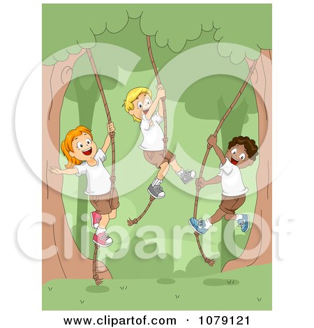 Clipart Summer Camp Children Swinging On Ropes On The Woods - Royalty Free Vector Illustration by BNP Design Studio