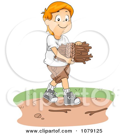 Clipart White Boy Gathering Kindling Firewood - Royalty Free Vector Illustration by BNP Design Studio