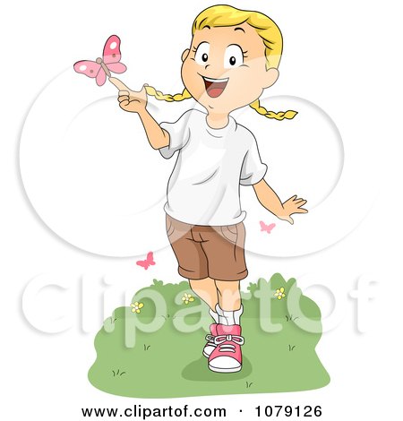 Clipart Summer Camp Girl Playing With A Butterfly - Royalty Free Vector Illustration by BNP Design Studio