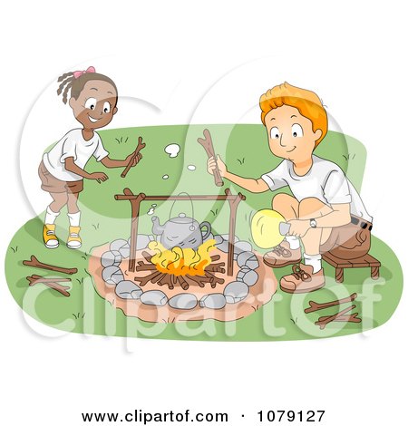 Clipart Camp Counselor And Girl Tending To A Camp Fire - Royalty Free Vector Illustration by BNP Design Studio