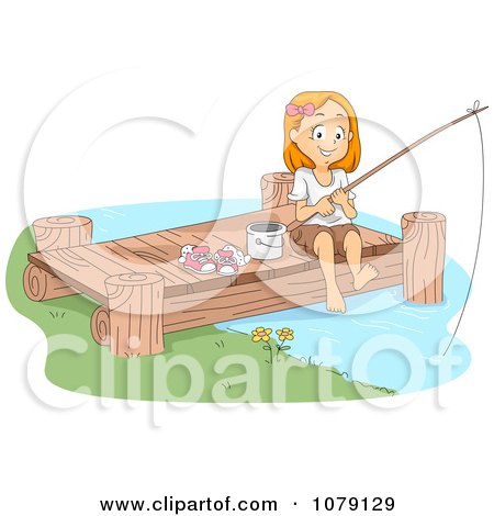 Clipart Happy Girl Fishing Off Of A Dock - Royalty Free Vector Illustration by BNP Design Studio