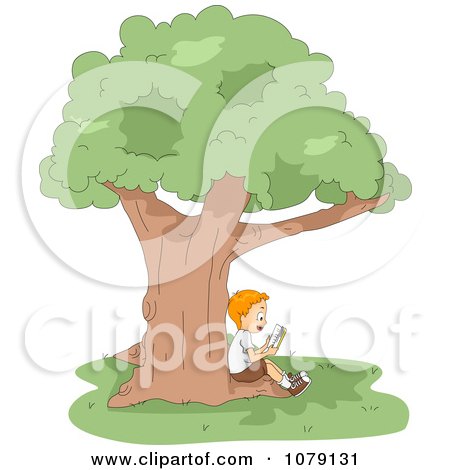 Clipart Boy Reading A Book In The Shade Of A Tree - Royalty Free Vector Illustration by BNP Design Studio