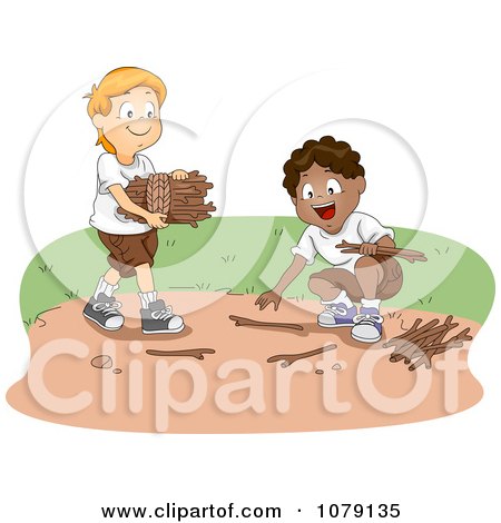 Clipart Two Boys Gathering Kindling Firewood Together - Royalty Free Vector Illustration by BNP Design Studio