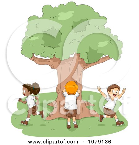 Clipart Summer Camp Kids Playing Hide And Seek - Royalty Free Vector Illustration by BNP Design Studio